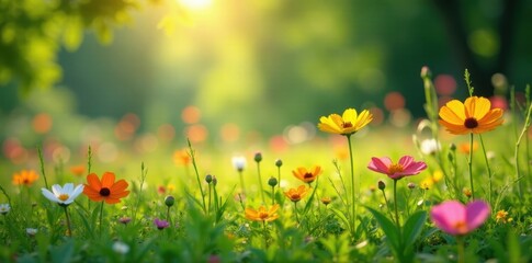 Vibrant wildflowers in lush meadow, sunlight dappled , stem, sunlight