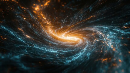 A dark, infinite space with abstract light trails swirling in perfect harmony. The light moves in fluid