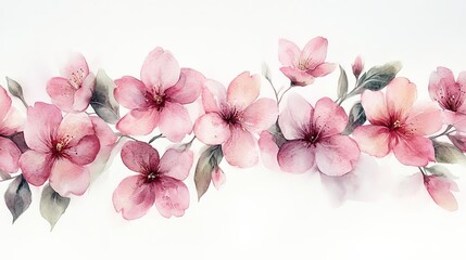A delicate watercolor illustration of pink flowers with soft green leaves.