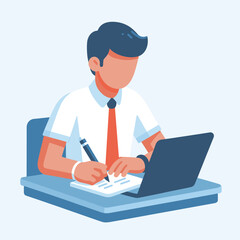 Office Worker in Flat Illustration Style Focused on Tasks at Desk with Laptop