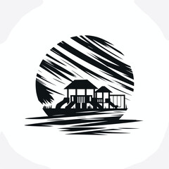 Fototapeta premium Monochrome Coastal Landscape with Beach Cabins in Circular Design - Black and White Art