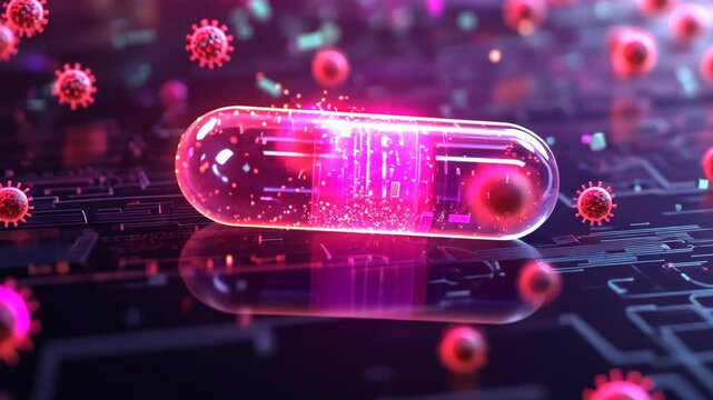 Digital representation of a futuristic capsule combating viruses in a high-tech environment