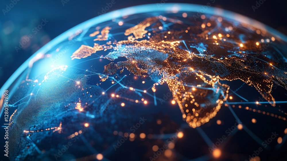 Poster detailed view of digital globe showcasing interconnected networks and illuminated cities, representi