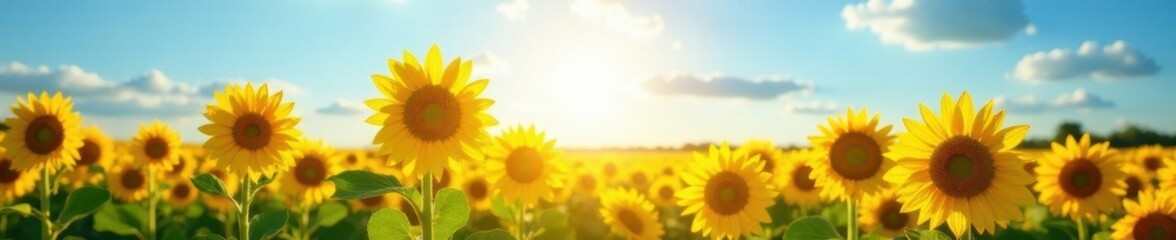 Obraz premium Sunlit sunflower field, vibrant yellow blooms against blue sky, blossom, sunflowers