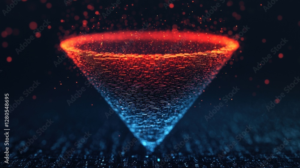 Poster funnel concept. business funnel concept with floating coins dropping in glowing sparkling light