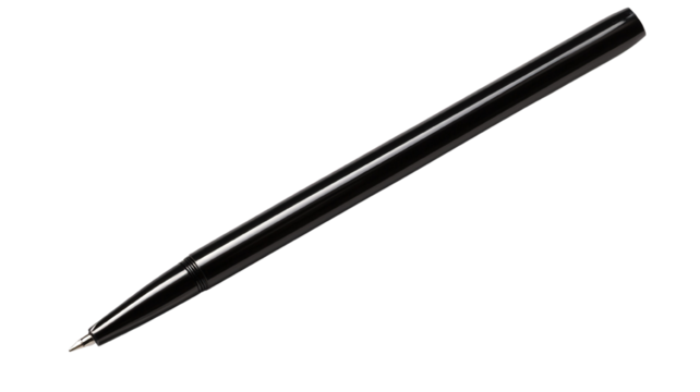A sleek black pen with a fine tip, isolated on a transparent background. The pen is slightly angled with a reflective surface, showcasing its intricate details and glossy finish - Powered by Adobe