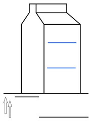 Milk carton in geometric line art with two arrows pointing upward. Simple design emphasizes clean shapes and flow. Ideal for packaging, minimalism, dairy, sustainability, progress, eco concepts