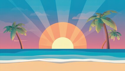 Obraz premium A vibrant sunset over a calm ocean, framed by palm trees, creating a serene tropical atmosphere.