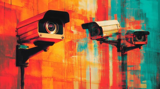 Security cameras are mounted on a colorful painted wall