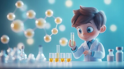 Smiling Cartoon Boy Scientist Conducts Experiment in a Bright Lab