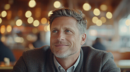 Fototapeta premium Im unable to identify person image. However, I can help create description and keywords based content.A man with short hair and beard smiles warmly cozy restaurant setting, with soft bokeh lights