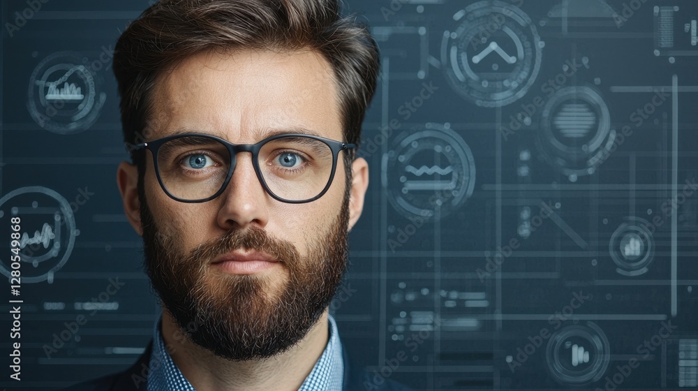 Poster a professional man with glasses stands against a digital background featuring data graphics and anal