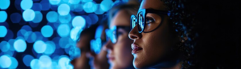 Three children with glasses gaze intently at colorful lights, showcasing fascination and wonder in a vibrant, illuminated setting.