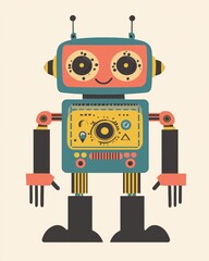 Fototapeta premium Colorful vintage robot character illustration Whimsical style AI robotic icon flat art design 