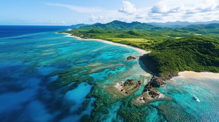 Fototapeta premium A dynamic aerial view of a tropical coastline, where turquoise waters and white sands meet