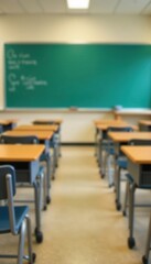 Blurred elementary school classroom, empty chairs and desks , unoccupied, education, vacant