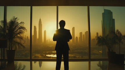 Fototapeta premium businessman stands in front of large window, silhouetted against stunning sunset over city skyline, evoking sense of ambition and success