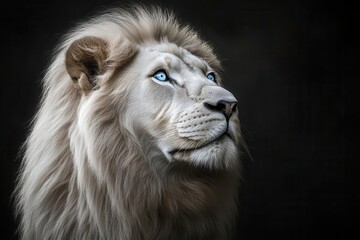 Fototapeta premium majestic silver-white lion portrait with piercing blue eyes and flowing mane against deep black background, dramatic studio lighting