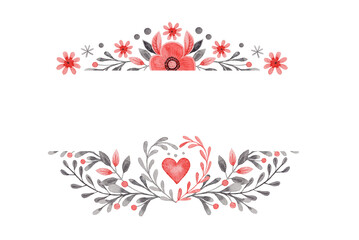 Horizontal border with heart and copy space in folk style. Stylized illustration in red and gray colors for wedding invitation. Hand drawn composition is perfect for romantic and love card design.