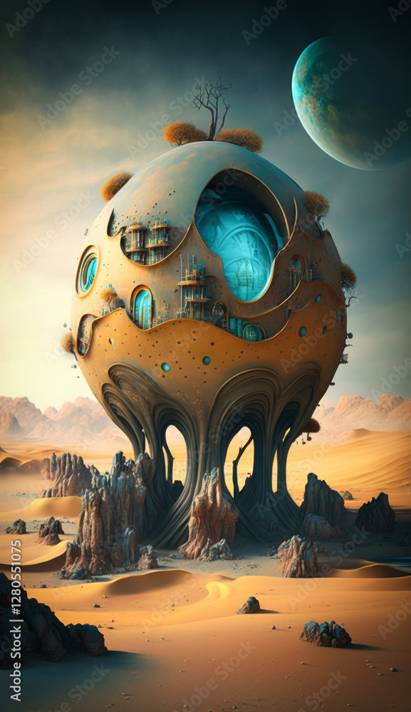 Poster surreal fantasy constrcution on a strange alien planet