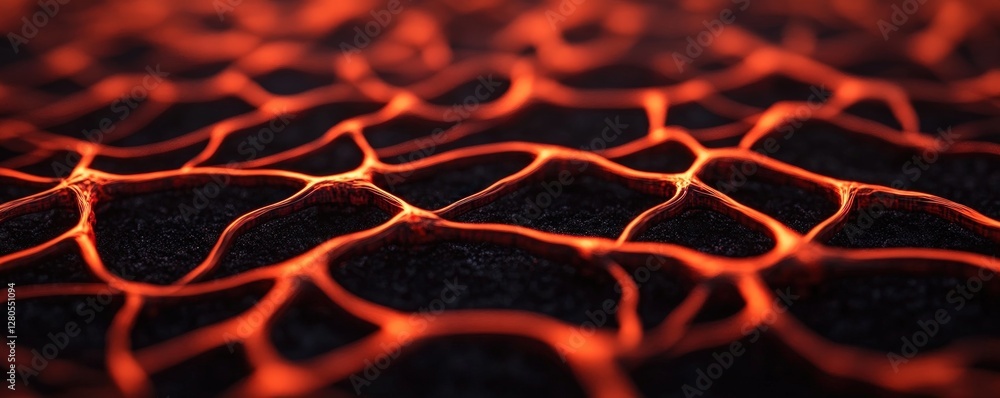 Poster Glowing Lava Texture with Cracks and Fiery Patterns on Dark Surface