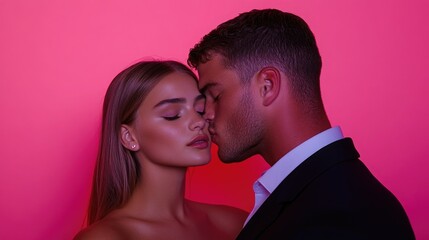 Romantic couple sharing an intimate moment against a vibrant pink background during a nighttime setting