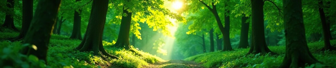 Obraz premium Sunlight passing through gaps in a dense foliage of trees, gaps, sunlight filtering, emerald