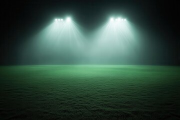Obraz premium majestic soccer stadium illuminated by powerful floodlights piercing through misty night air, emerald pitch gleaming under artificial lights, dramatic shadows casting across empty stands