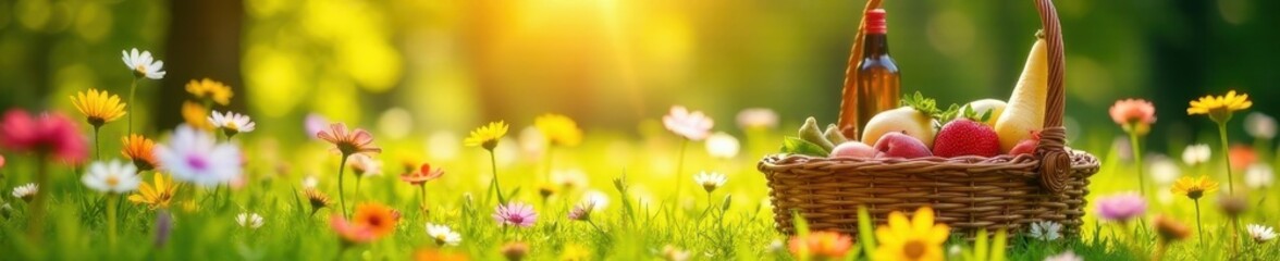 Sunlit spring meadow, vibrant wildflowers, picnic basket, fresh food , landscape, scenic, meadow