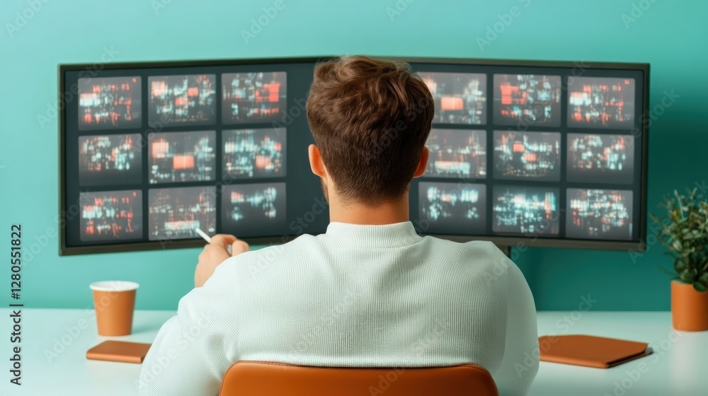 Aufkleber Person Analyzing Data on Multiple Computer Monitors in Office