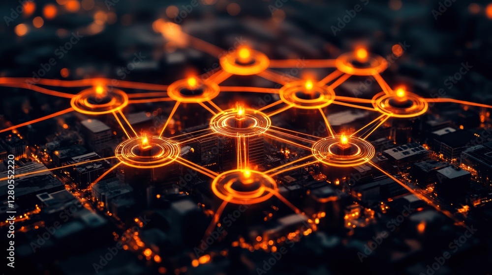 Poster abstract network connection visualization over urban landscape