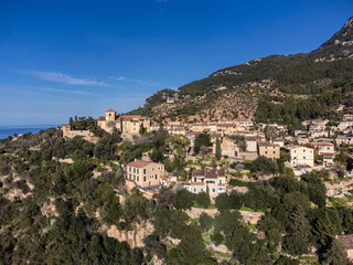 Fototapeta premium Deia valley and village, Natural area of the Serra de Tramuntana., Majorca, Balearic Islands, Spain