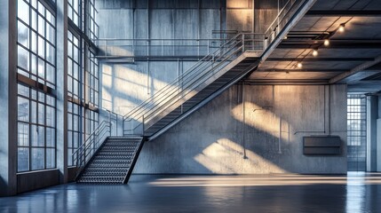 Obraz premium A functional steel staircase with exposed bolts and perforated treads in an industrial warehouse setting, surrounded by concrete walls