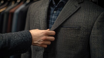 Hand adjusting a suit jacket in a tailor shop during evening hours