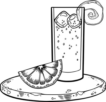 tall drink with ice, orange slice, black and white clip art preview