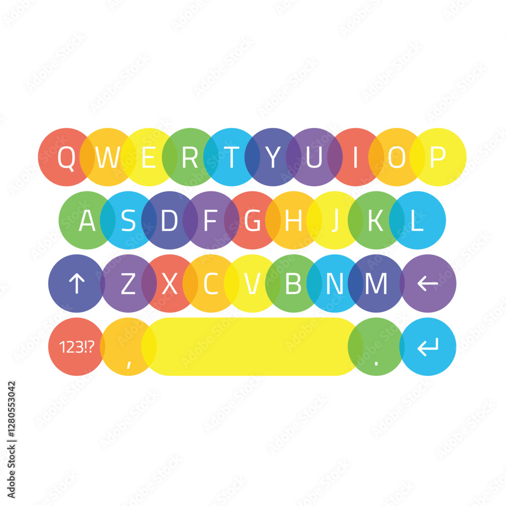 Poster rainbow keyboard of smartphone, alphabet and numbers buttons. qwerty keyboard set. mobile phone keyp