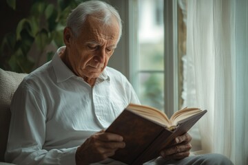 An elderly man, calmly engrossed in reading a book by a window, finds solace and peace in the quiet moment.