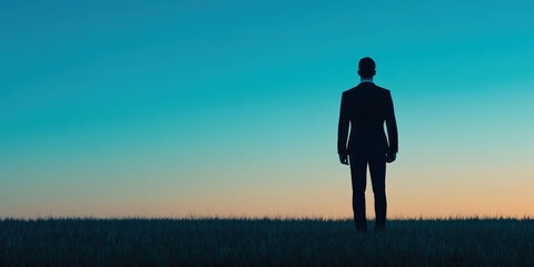 Obraz premium Businessman Silhouette Against Colorful Sky at Dusk in Field