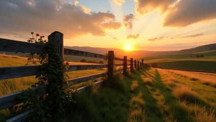 Fototapeta premium Golden Sunset Over Rolling Hills with Rustic Wooden Fence and Vibrant Green Grass