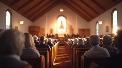 Gathering of community members in a church during a solemn ceremony with soft light filtering through stained glass
