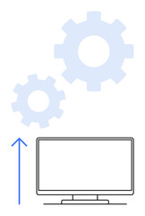 Computer monitor with upward blue arrow and two light blue gears. Ideal for tech development, productivity, business growth, strategic planning, automation, efficiency, innovation. Line metaphor