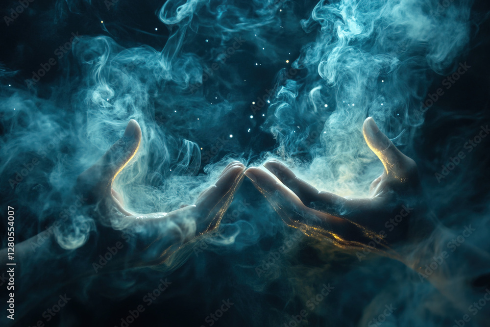 Poster hands create a mystical atmosphere with smoke and light in a dark setting