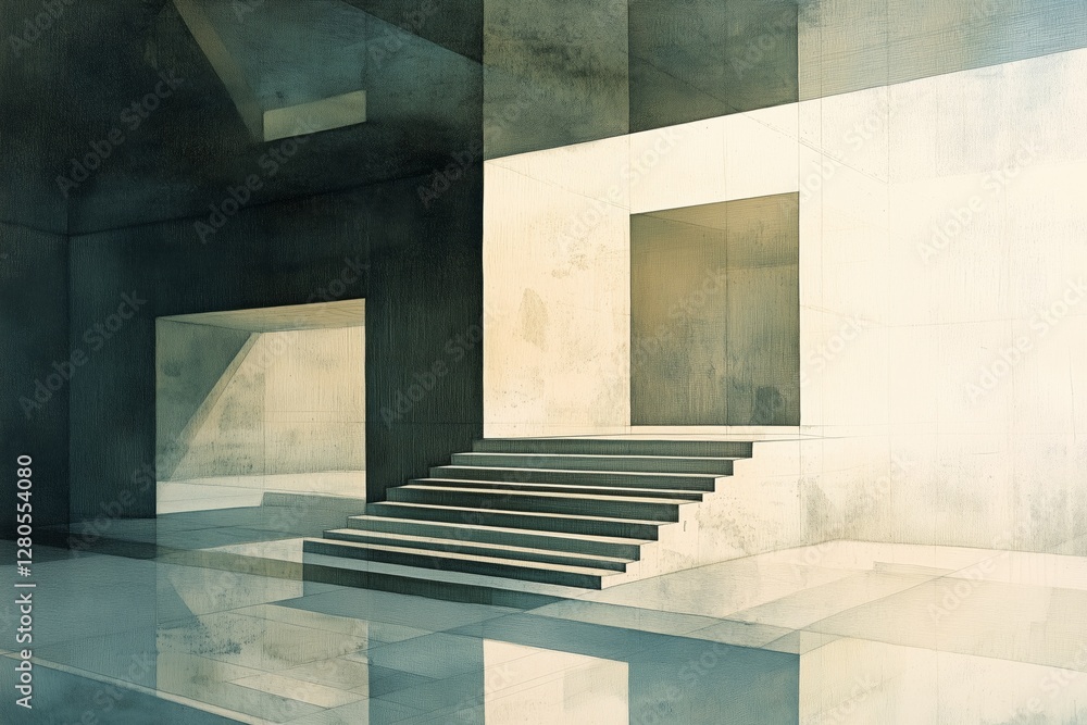 Poster modern architectural design with stairs and open spaces in a minimalist setting