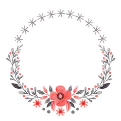 Round wreath with flower and branches in folk style. Stylized illustration in red and gray colors for wedding invitation creating. Hand drawn composition is perfect for romantic and love designs.