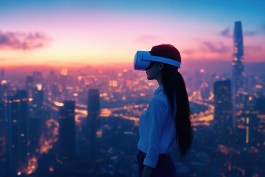 Woman wearing VR headset enjoys a breathtaking sunset cityscape view.