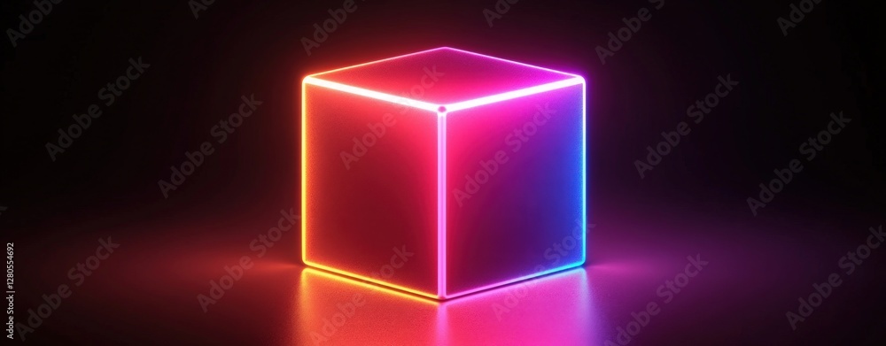 Poster neon glowing cube with colorful lights in dark background