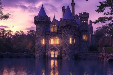 Obraz premium medieval castle with soaring turrets against purple twilight sky, illuminated windows casting warm glow across moat