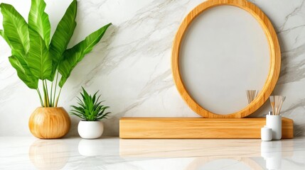 A modern entryway with a simple bench, a large mirror with a thin frame, and a single potted plant.