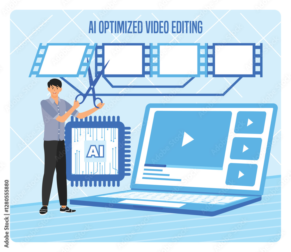 Poster ai optimized video editing featuring scissors and digital interface.