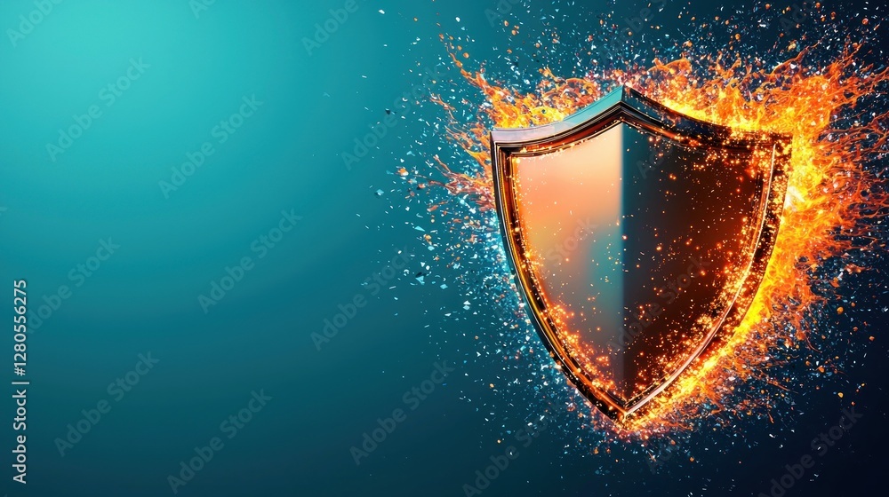 Poster fiery shield with water splash on colorful background design